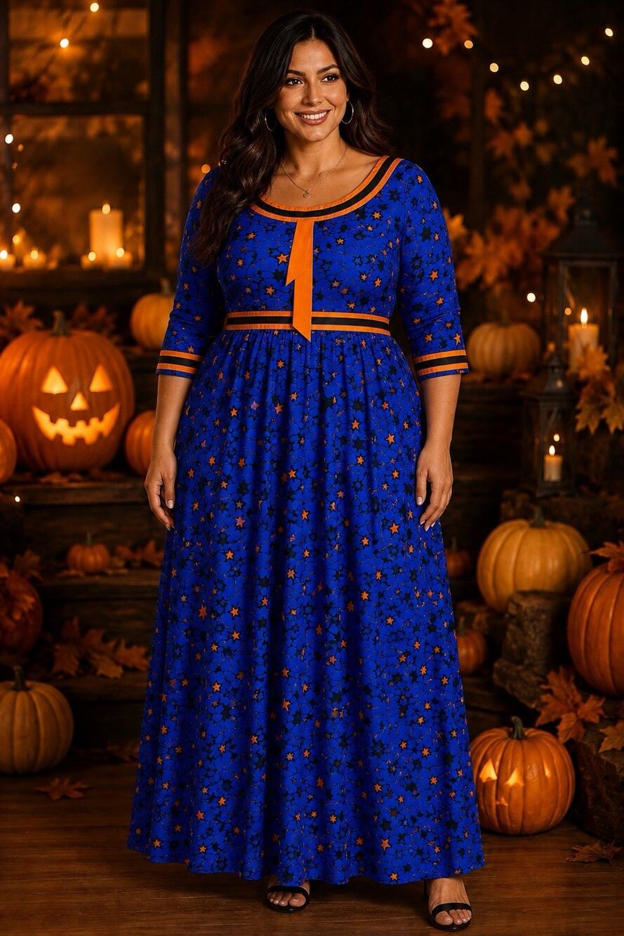 Halloween Celestial Star Maxi Dress XL Blue Orange 59” Long Party Costume